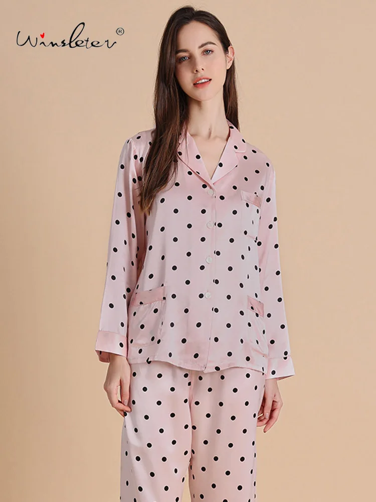 

Winsleter, 19MM 100%Real Silk Elegant Pajama Set, Women Long Sleeve Dot, French Luxurious Homewear, 2025 Spring Summer S4D924CC