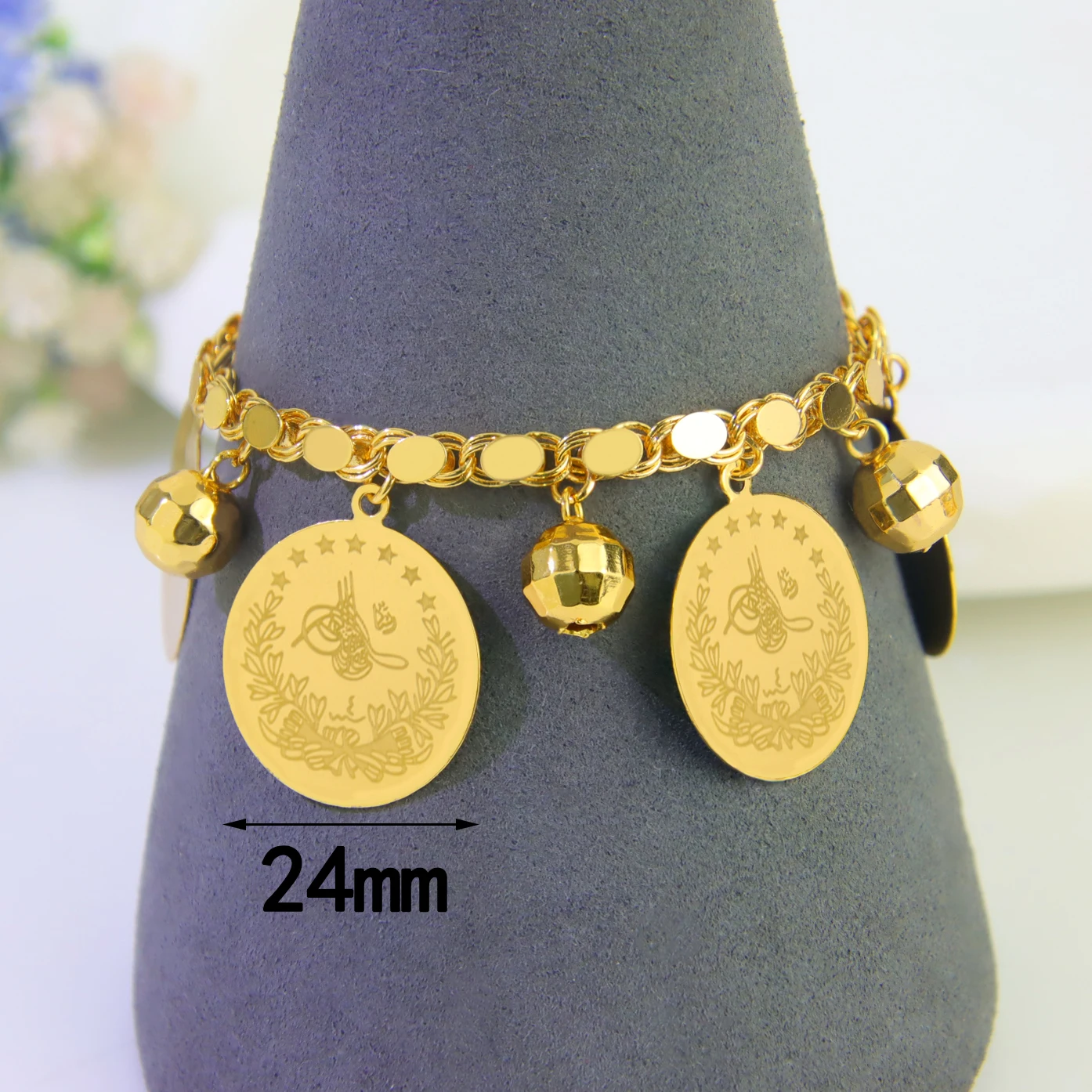 Klassisches arabisches Goldmünzen-Anhänger-Armband, 21 Karat vergoldet, Algerien, Brautmode, Handketten, Dubai, Damen, Hochzeit, Party-Schmuck – Detail 8