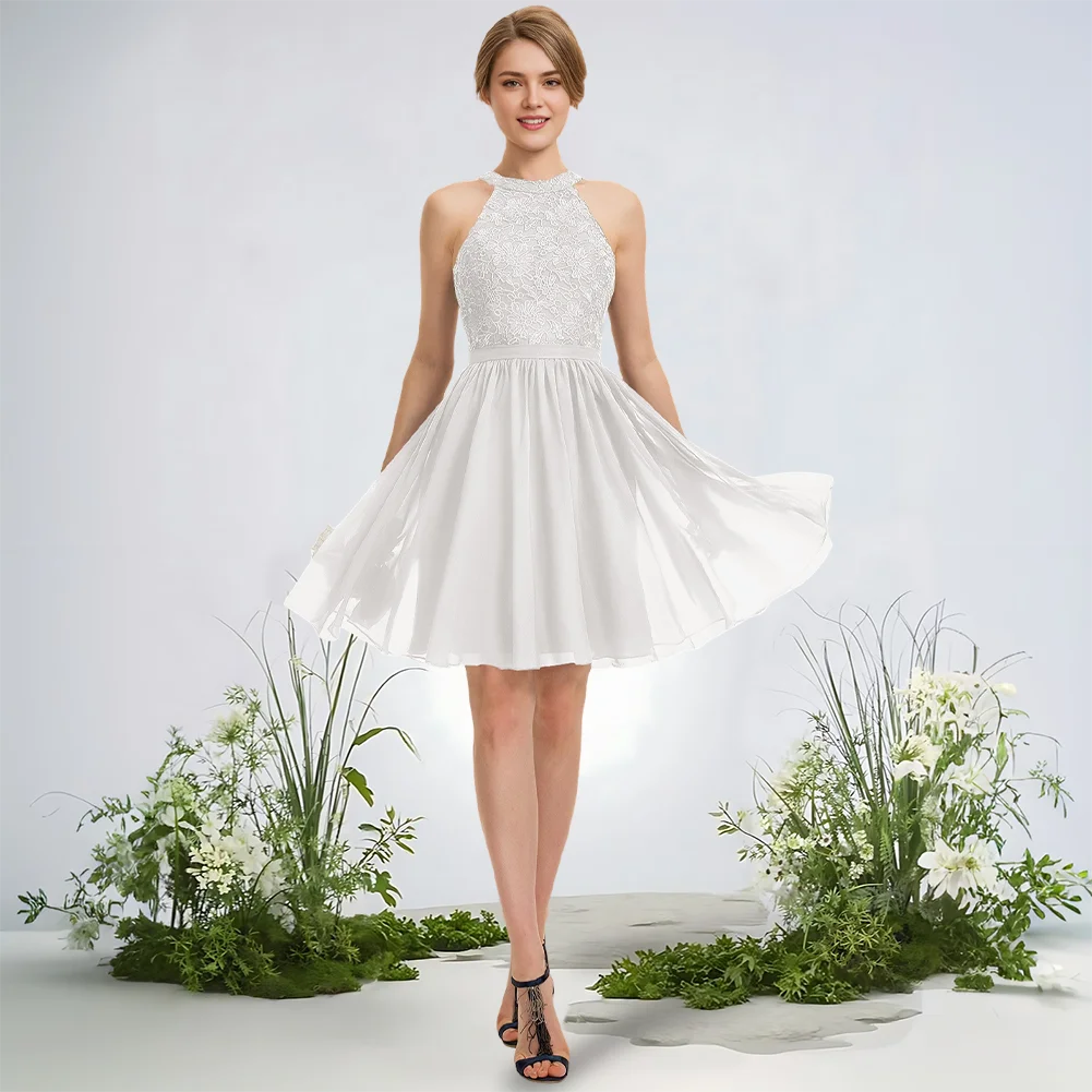 

Elegant Bridesmaid Dresses For Wedding A-Line Scoop Knee-Length Lace Chiffon Party Dresses Formal Evening Cocktail Guest Dress