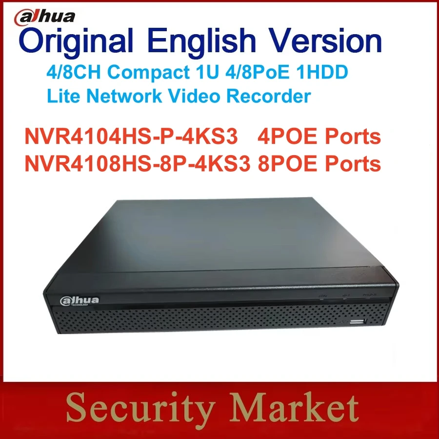 Original Dahua NVR4104HS-P-4KS3 NVR4108HS-8P-4KS3 4/8 Channel Compact 1U 4PoE/8PoE 4K&H.265 Lite Network Video Recorder