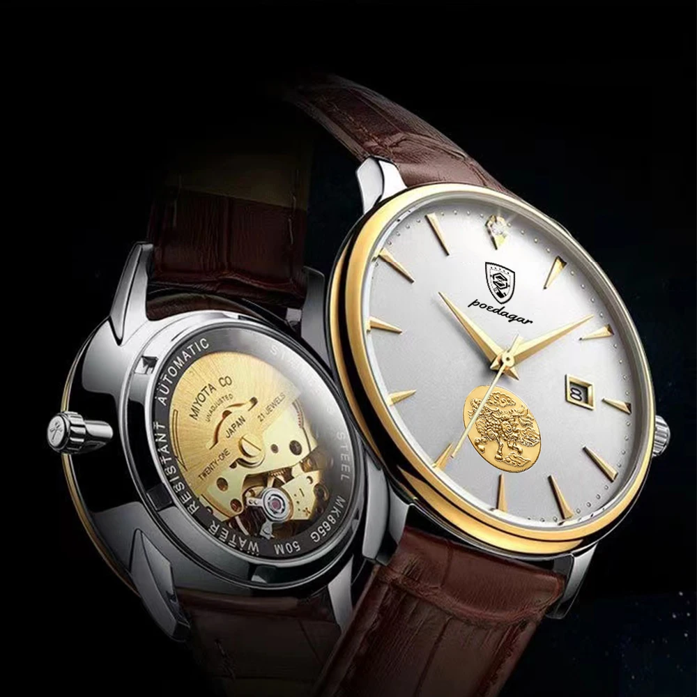 2024 Ultra Thin Men Mechanical Watches Automatic Top Brand Luxury Waterproof Leather Man Wristwatches Date Relogio Masculino