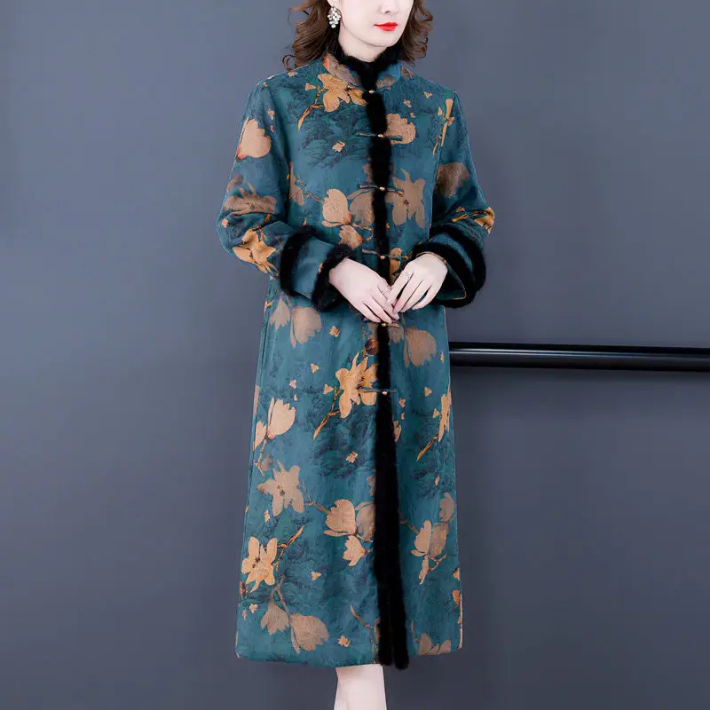 

High End Cotton Clothes Chinese Buckle Jacket Women's Long Mother's Vintage Printed Windbreaker Coat Winter Padded Parkas T1403