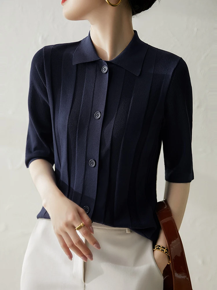 Turn-Down Collar Tee Shirt Femme Korean Fashion Clothing Button Tshirts For Women Short Sleeve 2024 Summer Cardigan Knitted Tops