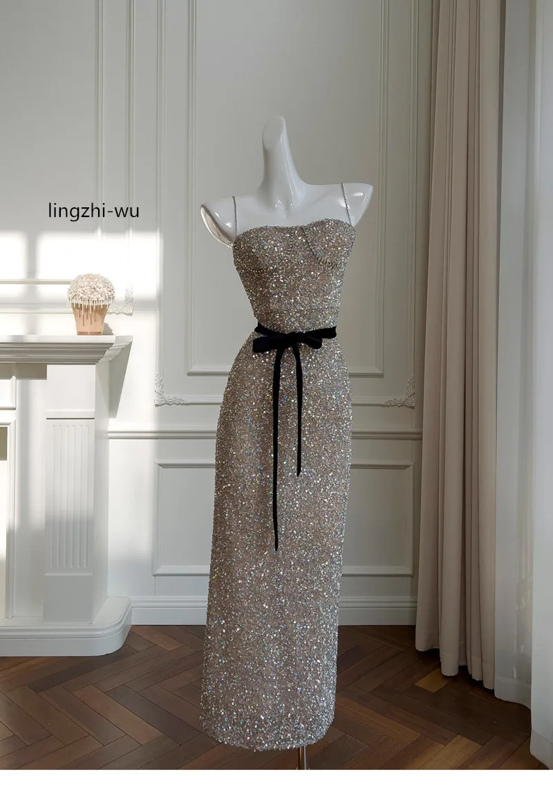 Lingzhi-Wu-elegant dress with golden sequins, slim and slim, new arrival, top quality, for women