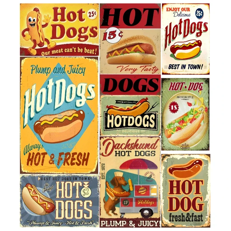 Hot Dog Tin Sign_ Classic Tin Poster_ Fresh and fast hot dog metal sign decoration