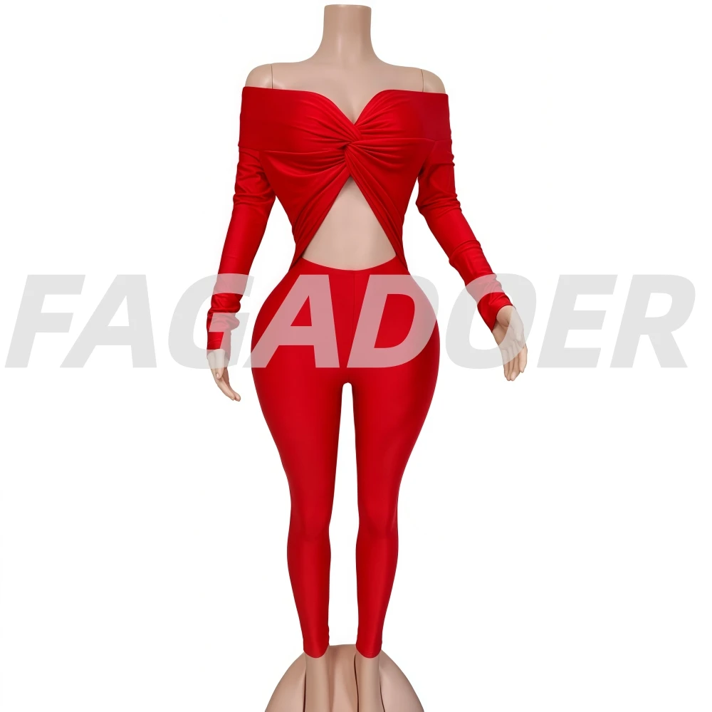 จั๊มสูทแฟชั่นผู้หญิงแบบเซ็กซี่โชว์เนื้อผ้าเว้าหลัง แบรนด์ FAGADOER สีพื้น ดีไซน์เปิดไหล่ โชว์หลัง รอมเปอร์สตรีทแวร์ รุ่นใหม่ปี 2025