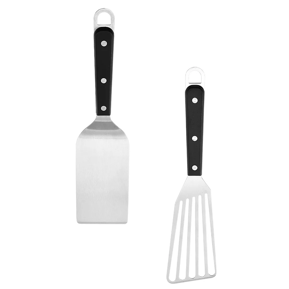 

2 Pcs Stainless Steel Frying Spatula Slotted Pan Kitchen Tool Steak Turner Multi Functional Home BBQ Teppanyaki Pizza