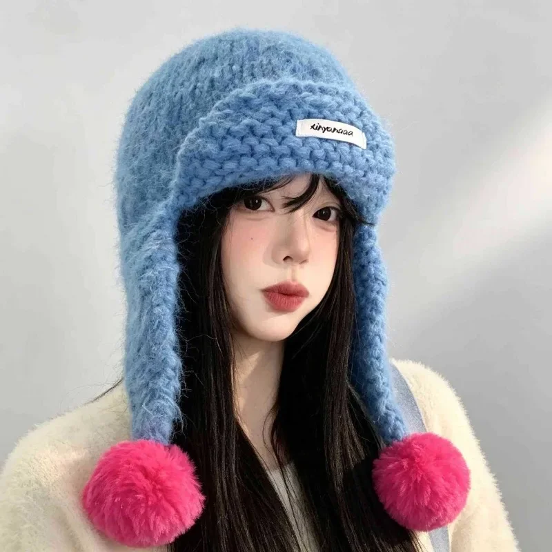 Cute color blocked wool ball knitted hat with enlarged ear protection windproof Lei Feng hat relaxed feeling winter warm hat