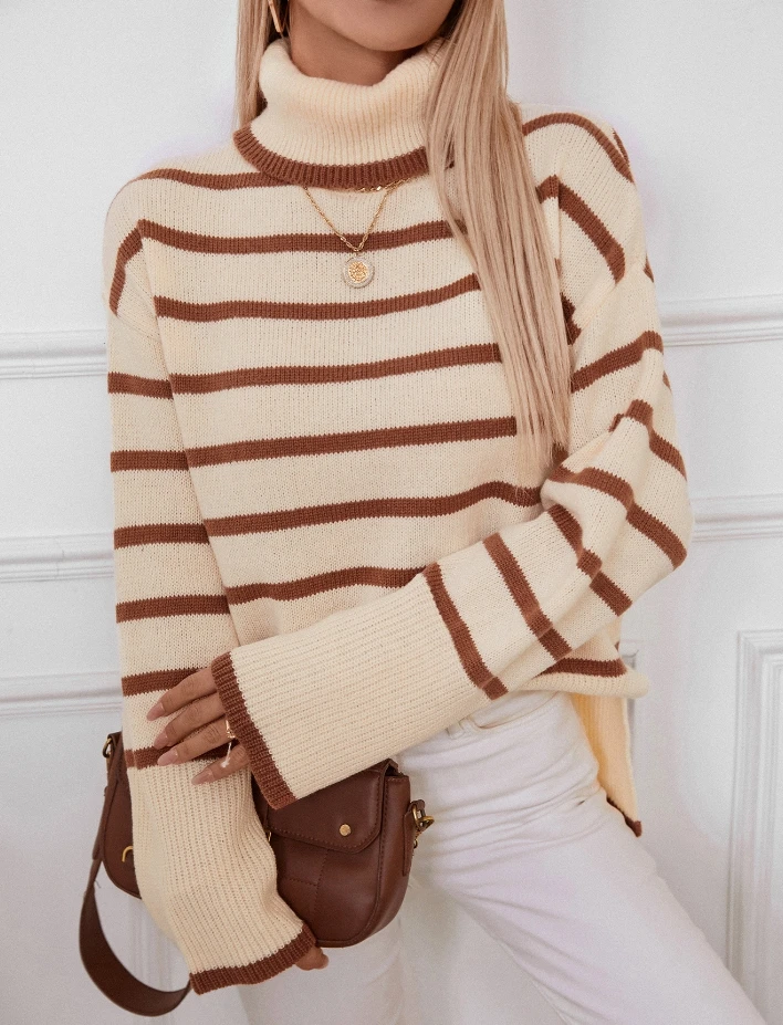 

Women's Knitted Hoodie 2024 Autumn Winter Latest Lazy Style Collar Temperament Commuter Stripe Loose Fit Long Sleeve Sweater Top