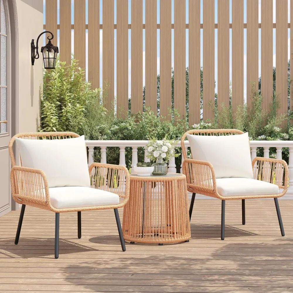 

Garden 3 Pieces Patio Bistro Sets, Outdoor Wicker Balcony Furniture Sets,Patio Rattan Furniture Set with Round Glass Table