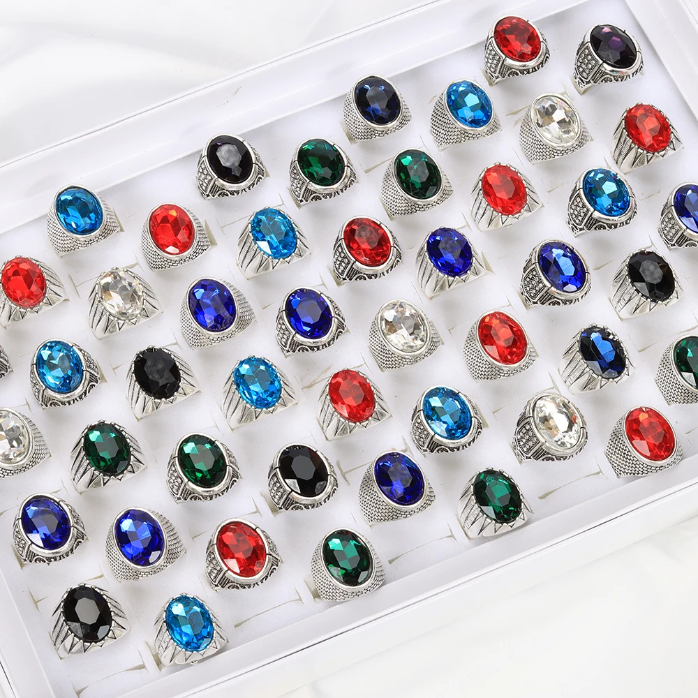 20Pcs/Lot Fashion Vintage Imitation Gemstone Glass Rings For Men Women Mix Color Style Retro Jewelry Party Gifts