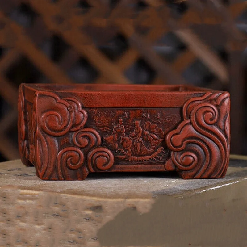 

Rectangle Bonsai Pot Cloud Carved Fish Pattern Tradition China Carved Decoration