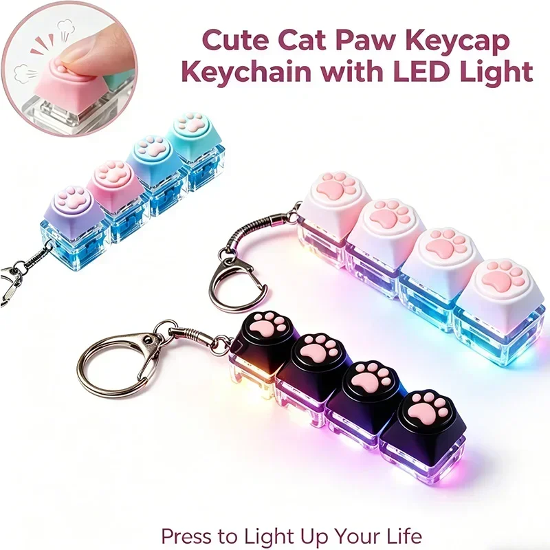 1-5PCS Silicone Cat Paw Keyboard Style Clicker Keychain Glowing LED Light Fidget Toy Stress Relief Button for Anxiety Relief