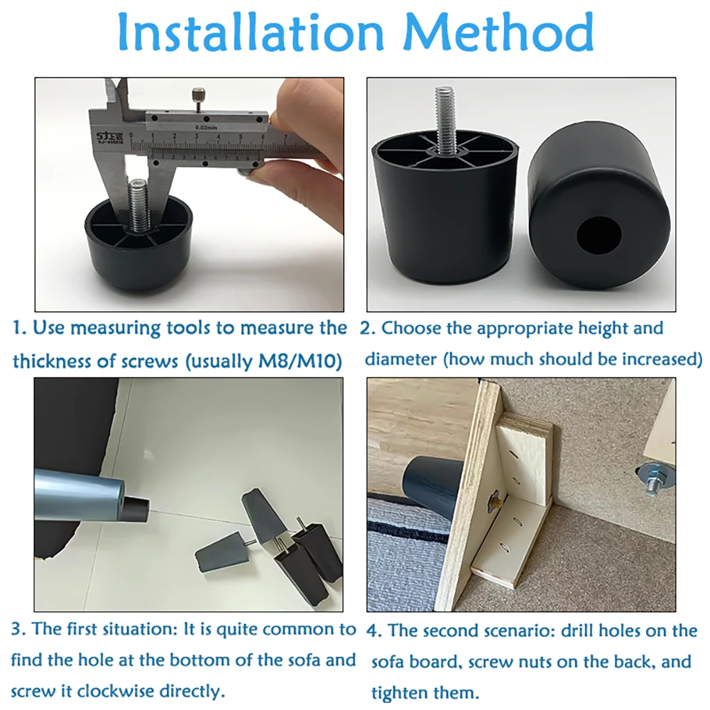 جولة مدبب الأسود البلاستيك أرجل قطع الأثاث قدم عالية 25-180 مللي متر المضادة للانزلاق وسادة للقدم مع M8 M10 موضوع عرقوب للأريكة وكرسي #5