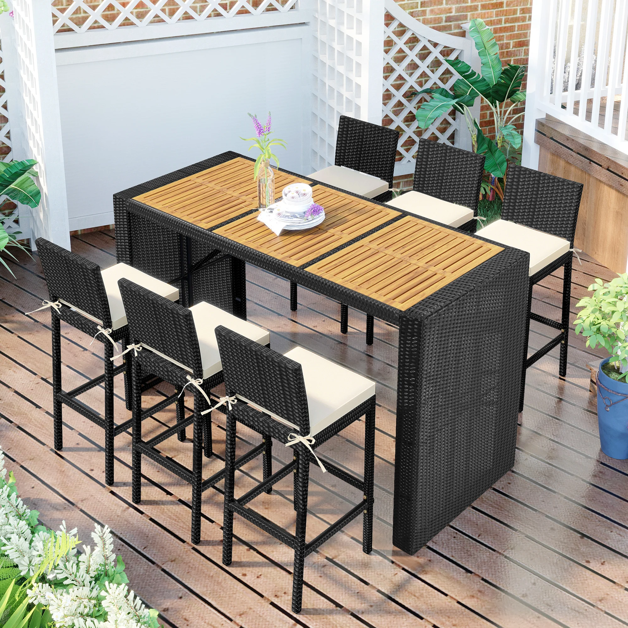 

Outdoor Patio 7-Piece Rattan Dining Table Set, PE Wicker Bar Furniture Set with Wood Tabletop and 6 Dining Chairs for Backyard,