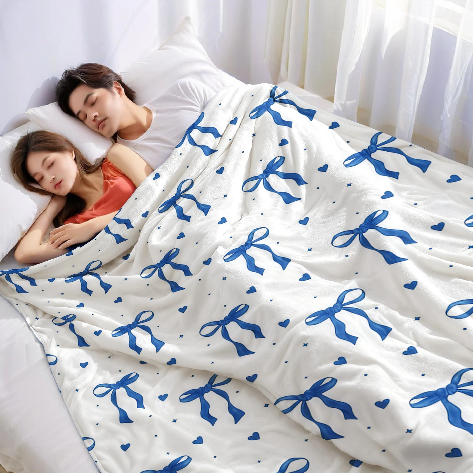 Navy Mini Bow Heart Lightweight Microfiber Soft Christmas Fleece Blanket Warm Cozy Throw for Bed Sofa Office Travel All Season