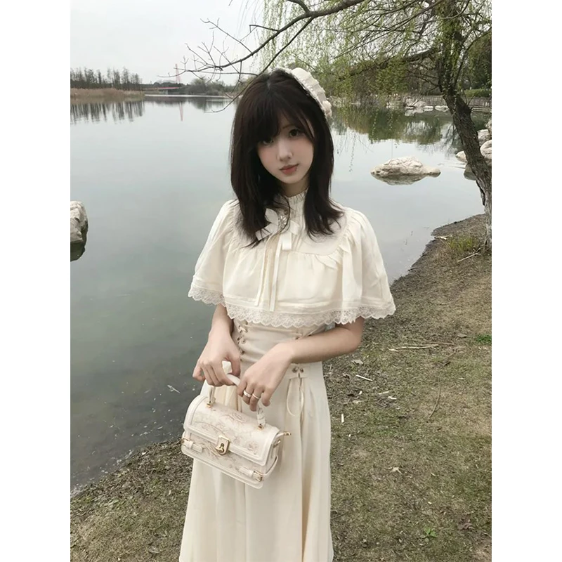 MEXZT Vintage Midi Dress Donna Harajuku Bow Lace Bandage Abiti Estate giapponese Mantello Manica Aderente Design A Line Abiti Nuovo