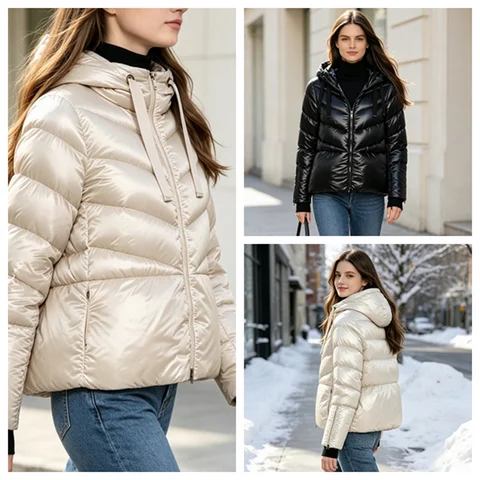 Women Shiny Puffer Jacket Hooded Drawstring Short Down Coat Zipper Cuff Warm Winter Outerwear Casual Lightweight Padded Coat