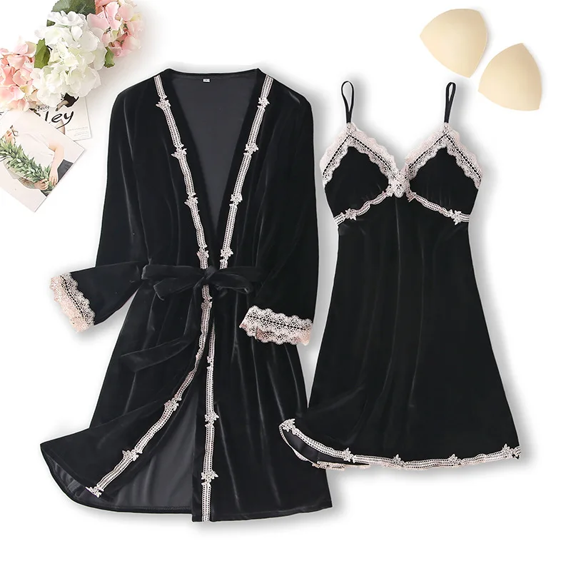 Spring Autumn Velour Sleepwear Soft 2PCS Nighty&Robe Suit Casual Nightwear Nightgown Velvet Kimono Bathrobe Gown Nightdress