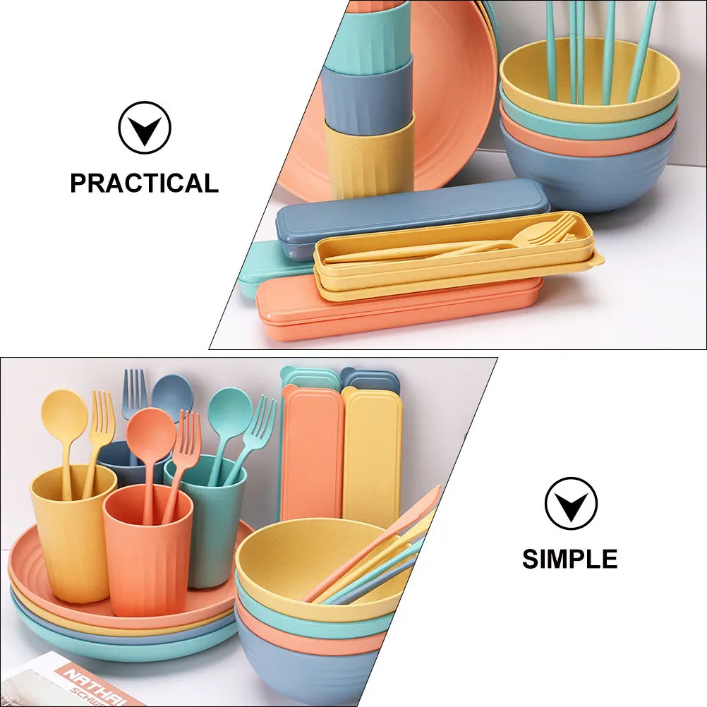 

4 set Portable Cutlery Set Wheat Straw Material Kitchen Tableware For Home Travel Camping Soup Rice Bowl Cup Plate