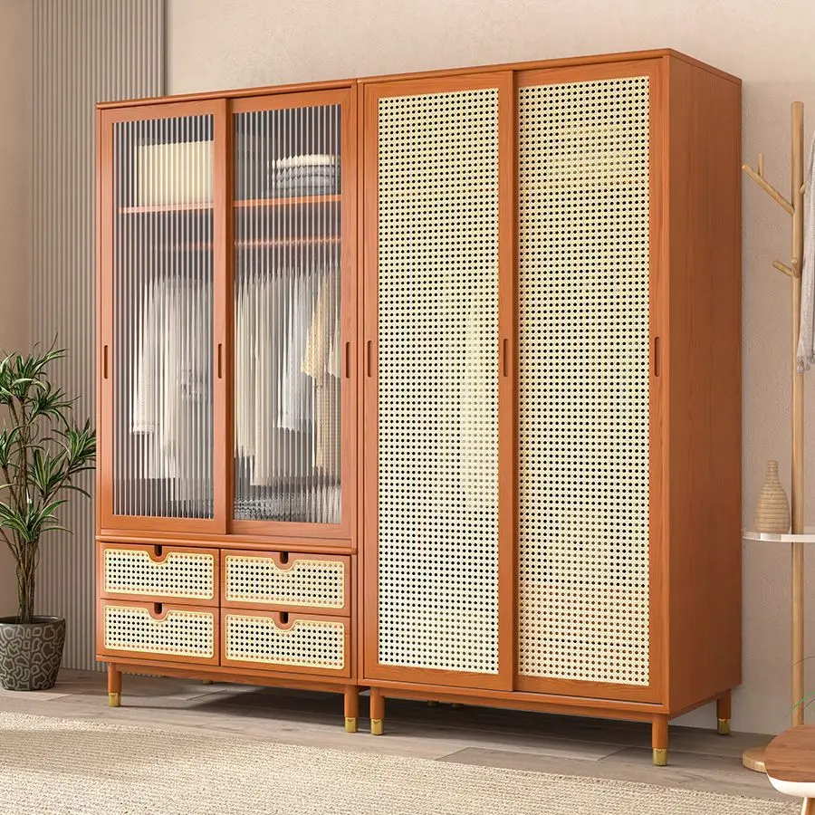 Wabi-sabi style solid wood double door wardrobe, bedroom storage locker, home sliding door, rattan woven wardrobe, simple