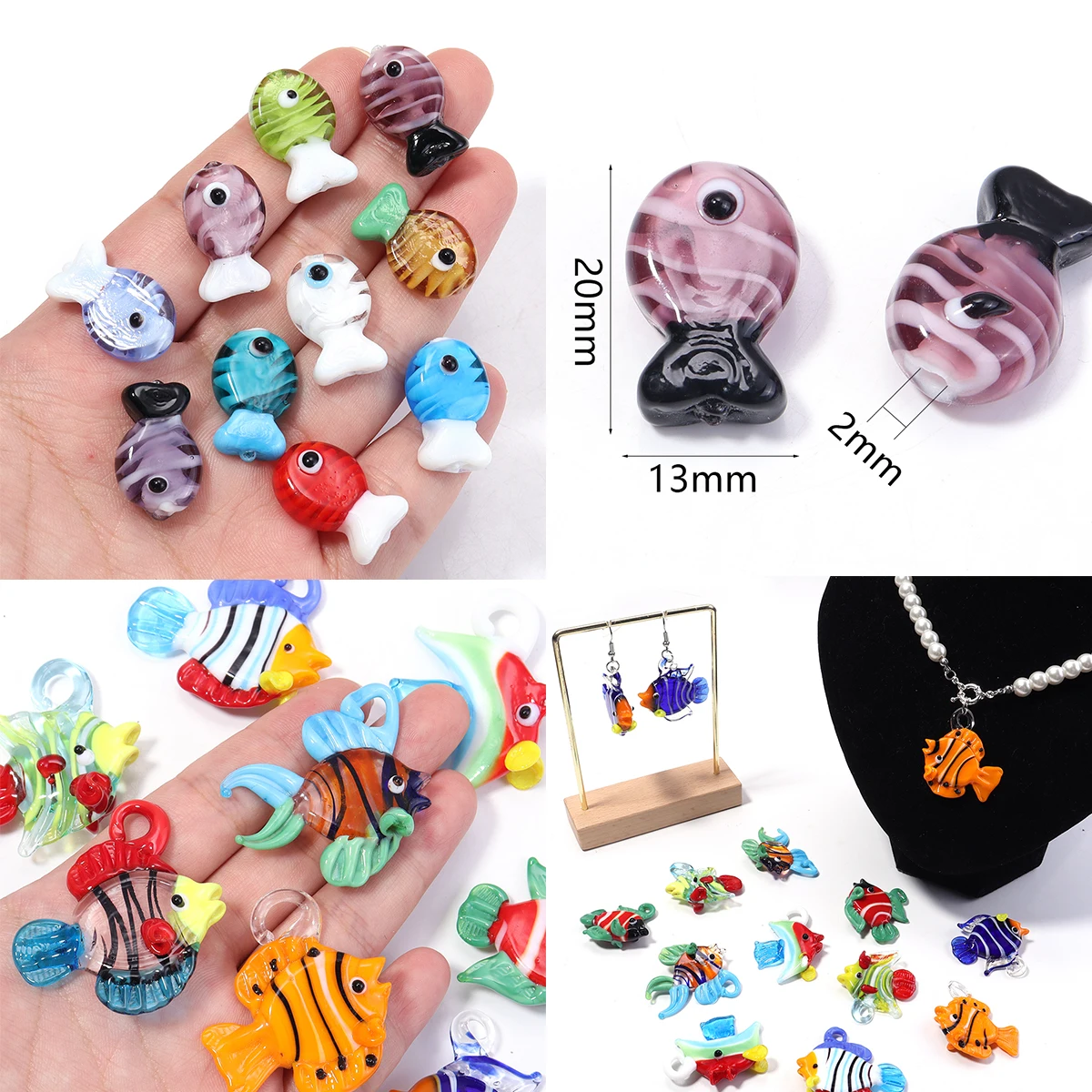 2PCS Cute Glass Fish Beads Handmade Spacer Loose Tiny Beads for DIY Jewelry Marking Lampwork Animal Charms Necklace Earrings