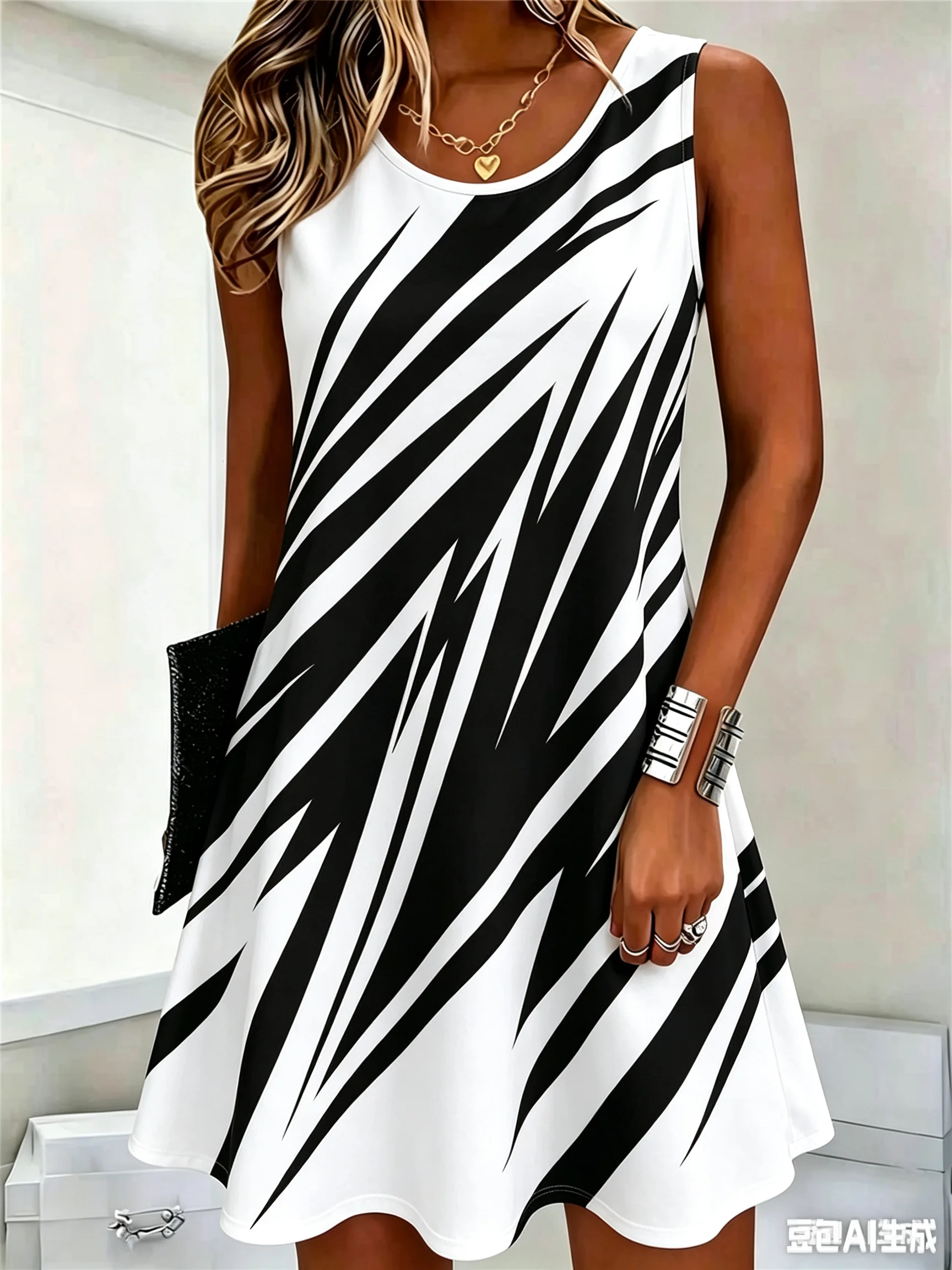 Women Striped Pattern Fashion Mini Dresses Summer Sleeveless 3D Printed Ladies Trend Dress 3XL Plus Size Casual Dress