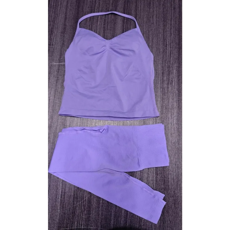 

2pc Three Waisted Pleated High Waisted Yoga Pants for Women Seamless Pants&neck Hanging Underwear Chest Cushion Yoga Top Vest