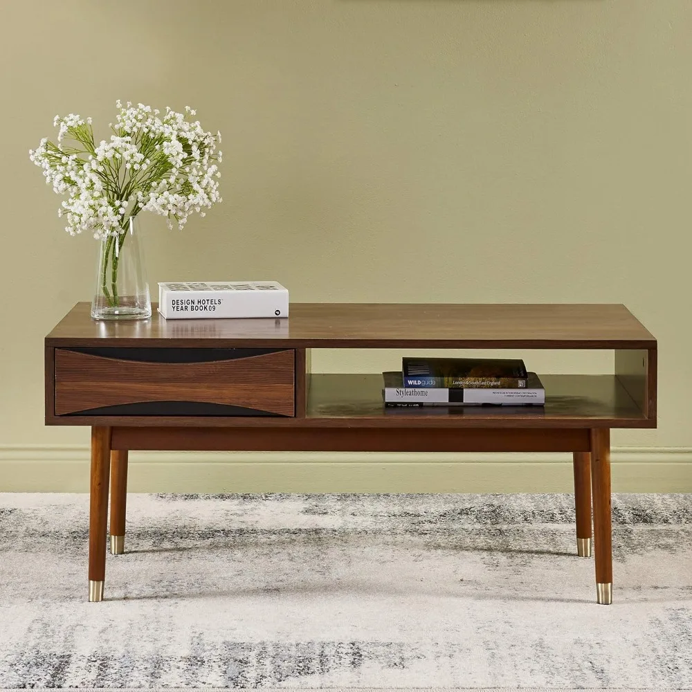 Dawson 40 in. x 21.63 in. Wooden Mid-Century Modern Coffee Table with Drawer and Shelf, Walnut with Brass Leg Tips