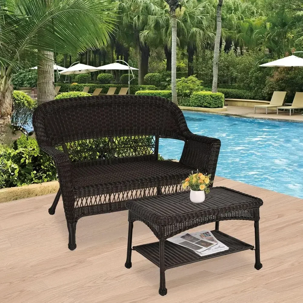 Rattan Outdoor Loveseat and Coffee Table Set, Cushion Not Included