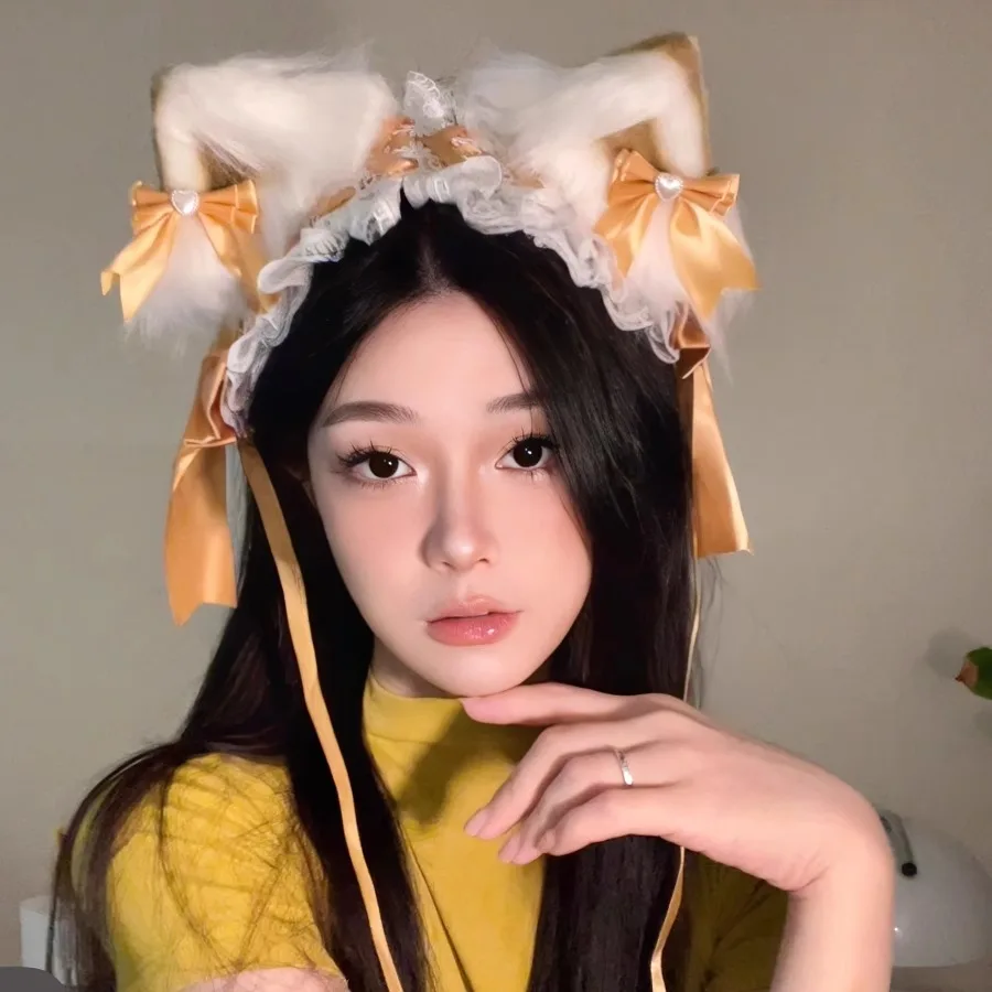 1PC Kawaii Kat Oren Hoofdband Kant Boog Hoofd Wrap Lolita Bruiloft Cosplay Meid Hoofdtooi Vrouwen Meisjes Anime Haaraccessoires