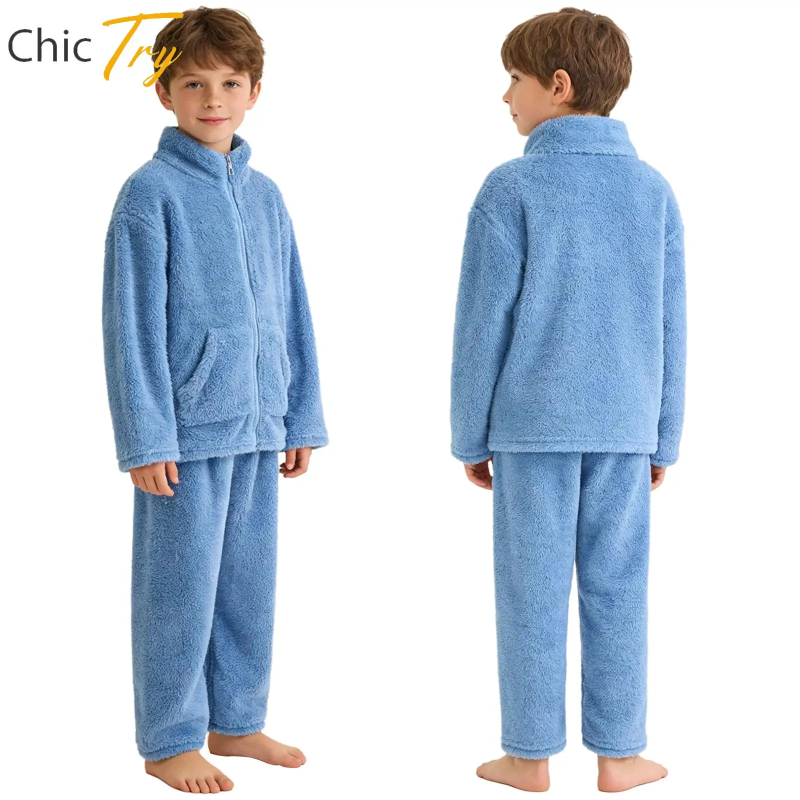 

Boys Girls Fuzzy Flannel Pajamas Set Sleepwear Homewear Loungewear Long Sleeve Tops Pants Suit for Kids Holiday Party Outfit