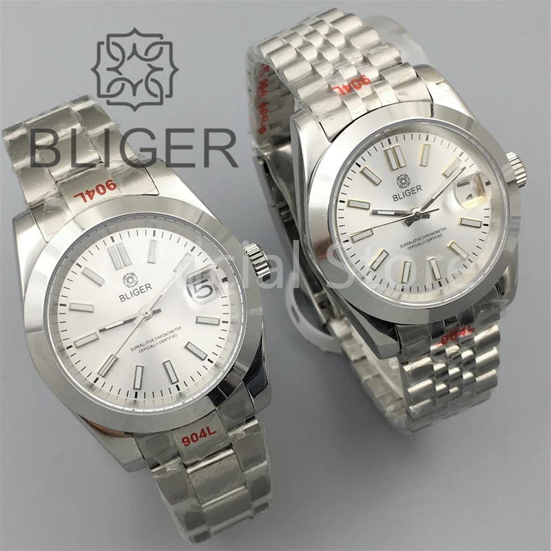 

BLIGER 36mm/39mm Watch For Men With NH35 Movement Stanless Steel Bracelet White Dial With Silver/ Gold Stick Inde Polished Bezel