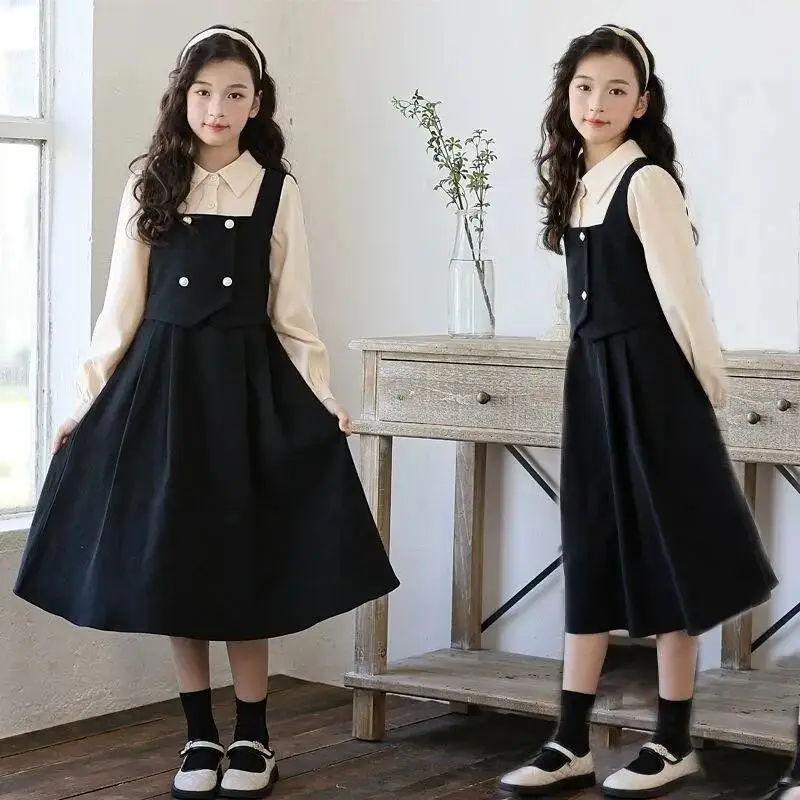 Urocze dziewczęce bluzki i sukienki w stylu kawaii, studenckie, na wiosnę i jesień, codzienne koszule z kołnierzykiem, spódnice w kształcie litery A, imitacja dwuczęściowej odzieży dziecięcej.