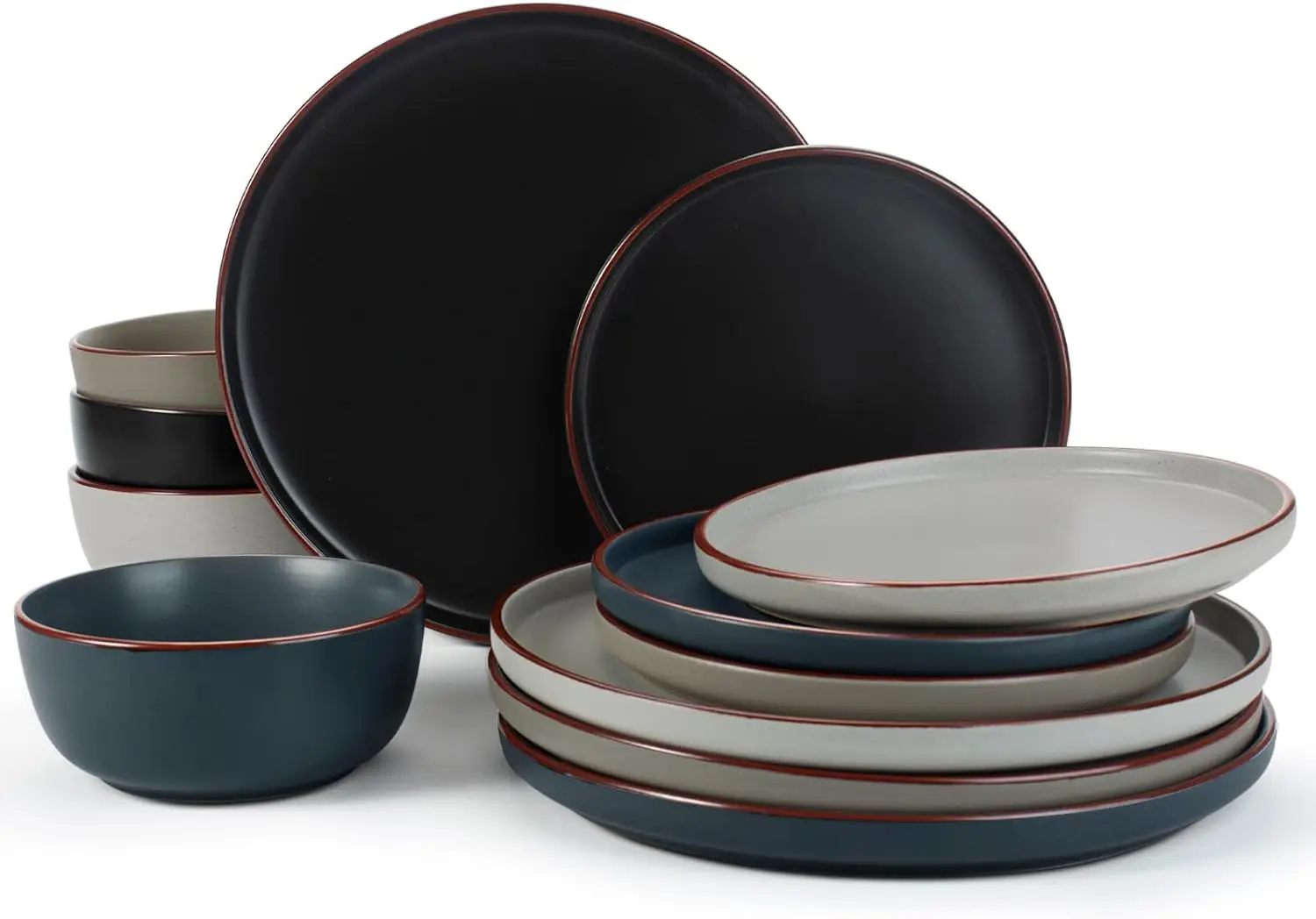 Plates and Bowls Sets, 12 Pieces Stoneware Dinnerware Sets, Dishes Set for 4, Microwave and Dishwasher Safe, Multi-color