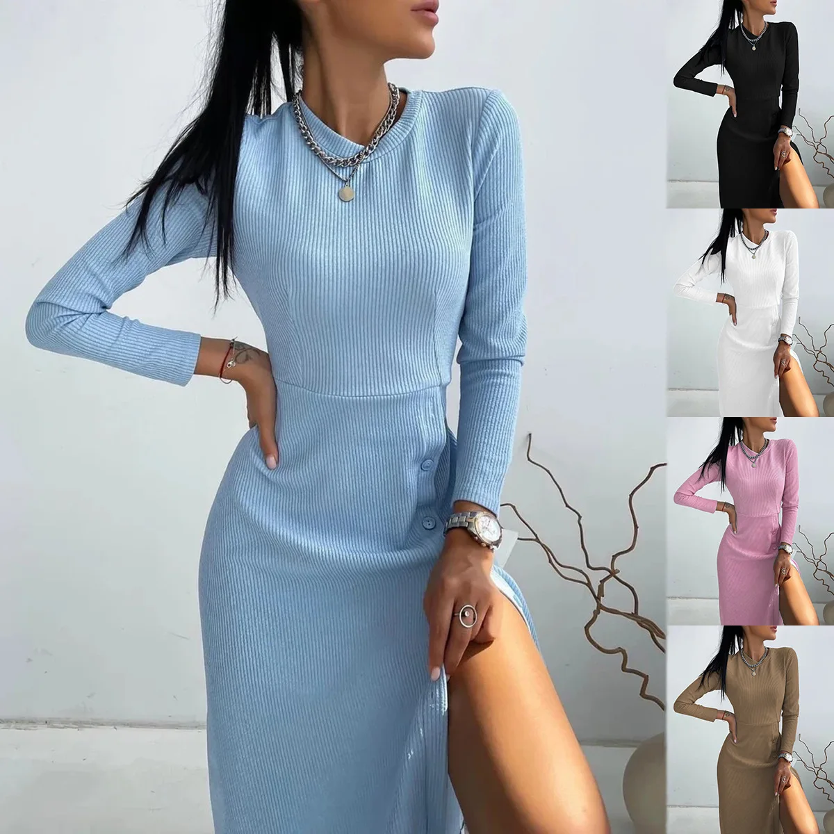 

SKMY 2024 Autumn Winter Sexy Club Outfits Slim Solid Color Long Sleeve Round Neck Button Split Dress Party Women Clothing