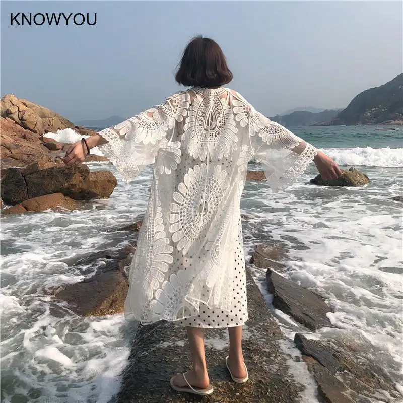 Flower Lace Cover-ups Beachwear White Cardigan Beach Cover Ups for Swimwear Women Bath Exits Outfits Bathing Suit Dress New 2025
