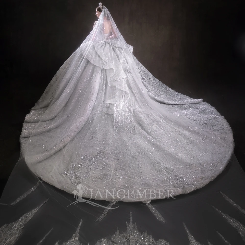 تخصيص الكرة بثوب فساتين الزفاف الراين الأورجانزا ثوب الزفاف الوهم طويلة الأكمام قطار الكاتدرائية Vestido De Noiva