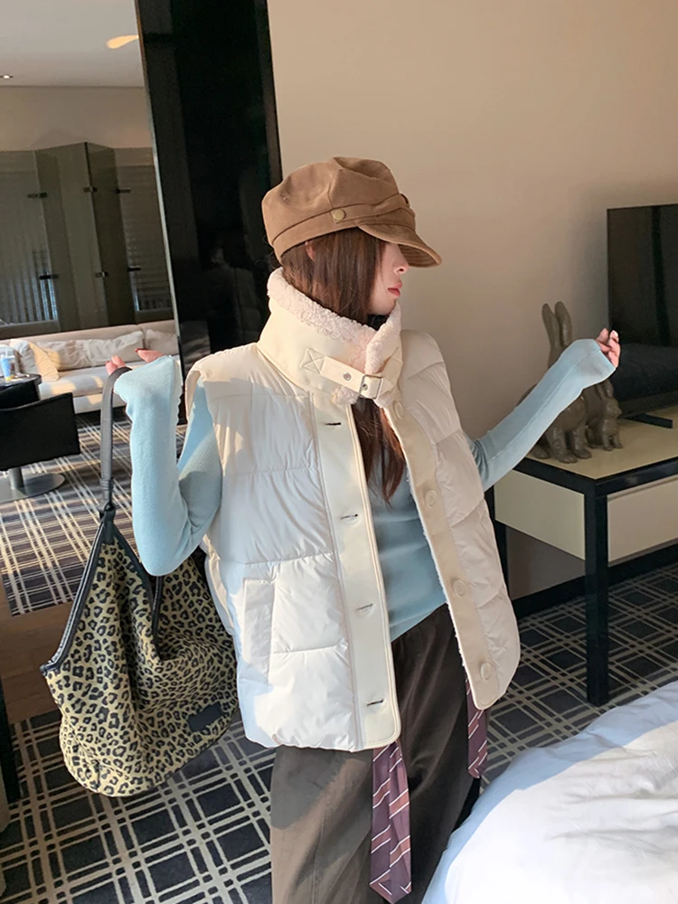 الخريف الشتاء الجلد المدبوغ التلبيب الدافئة أسفل سترة المرأة الأبيض بطة أسفل فضفاضة سترات بلا أكمام الإناث واحدة الصدر الصلبة الصدريات