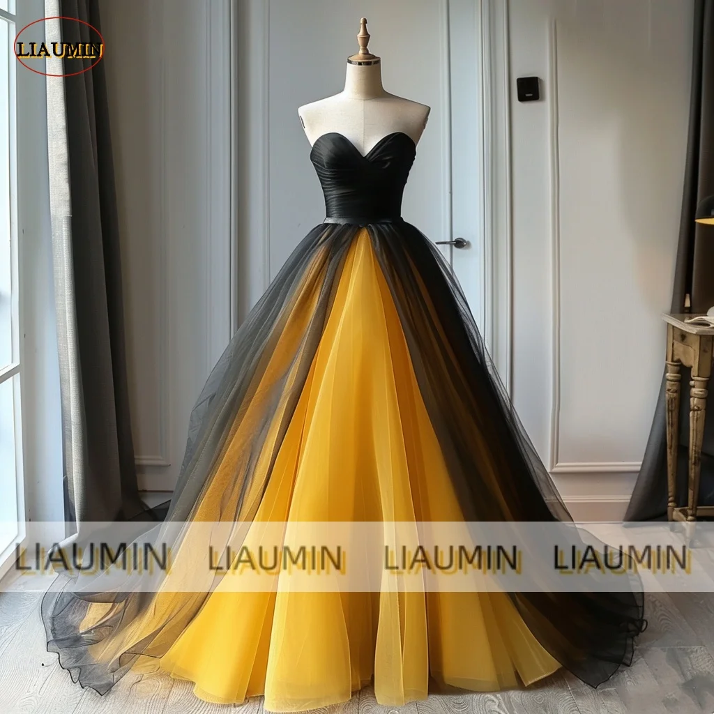 Sur mesure Jaune Noir Tulle Sans Bretelles Une Ligne Book ine Longueur Bal De Mariage Robe Formelle Pour Soirée À Lacets Dos Personnalisé Fait À La Main A1-18