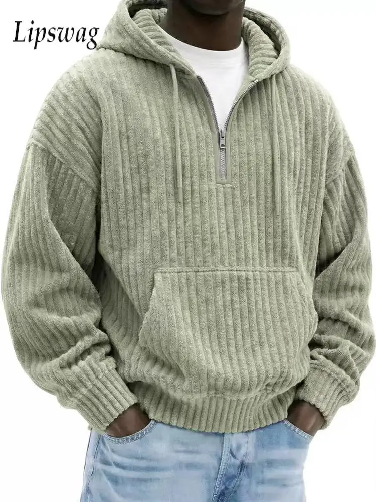 Fashionable Corduroy Hooded Sweatshirts Mens Vintage Solid Color Zipper Long Sleeve Polo Shirts Fall Winter Tie-up Pullover