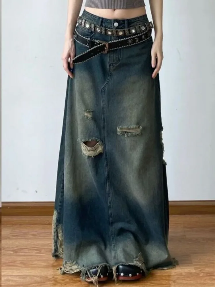 Oversize American Heavy Hole Denim Skirt for Women Y2k High Waist A-line Skirts Mid-length Loose Korean Fashion Clothing