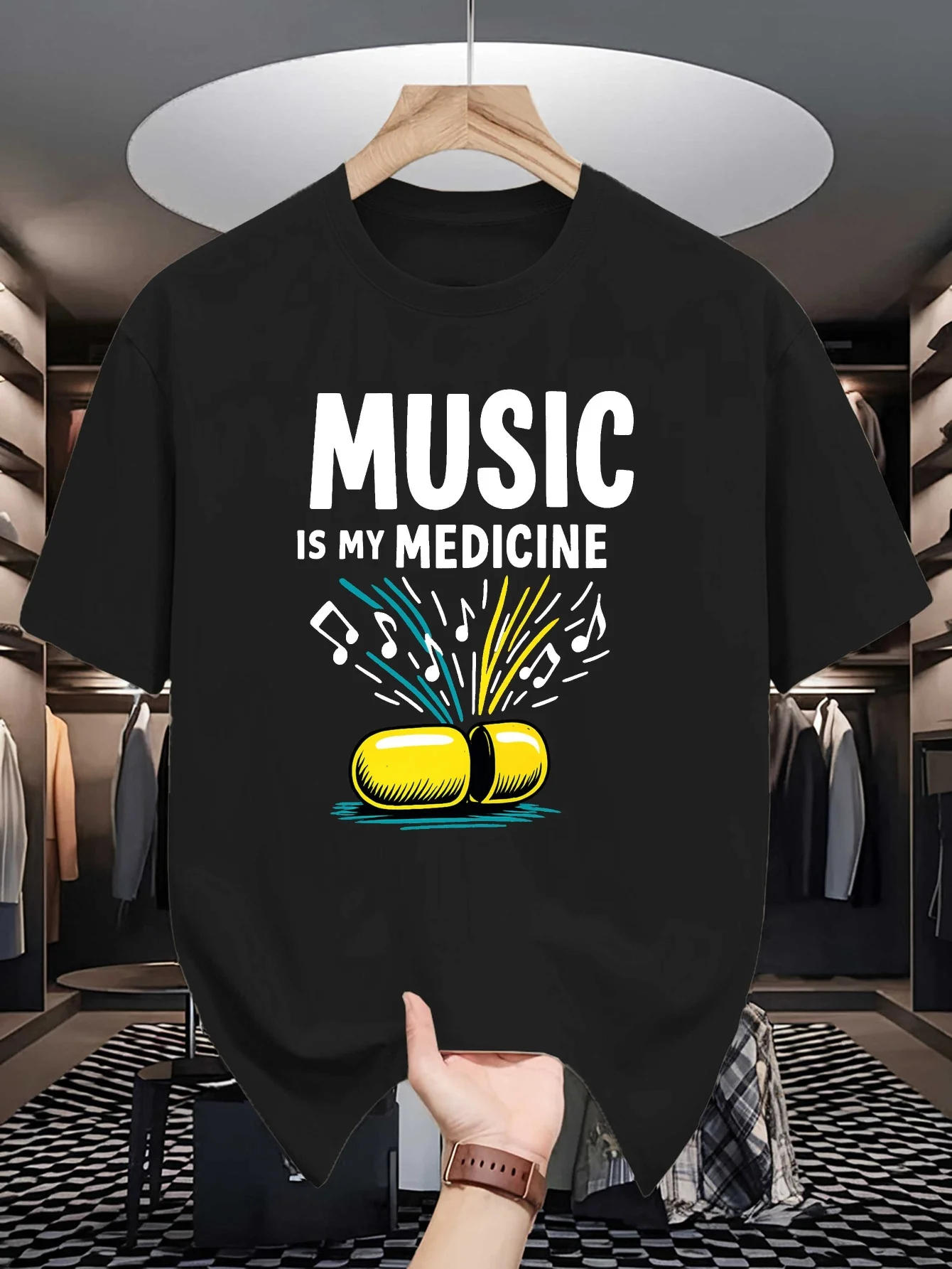 Music Is My Medicine Print Mens Crew Neck T Shirt Pill And Music Notes Creative Graphic Short Sleeve Casual Cotton Street Tees