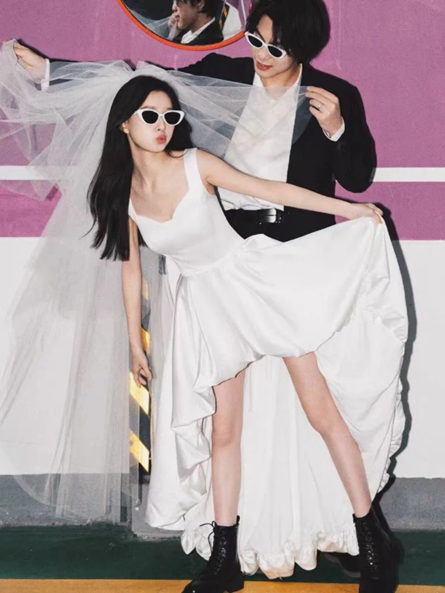 

White Satin Morning Robe Wedding Dr Pre-ort Ba Long Evening Gown Host Entrance Wedding Ceremony Banquet Dr