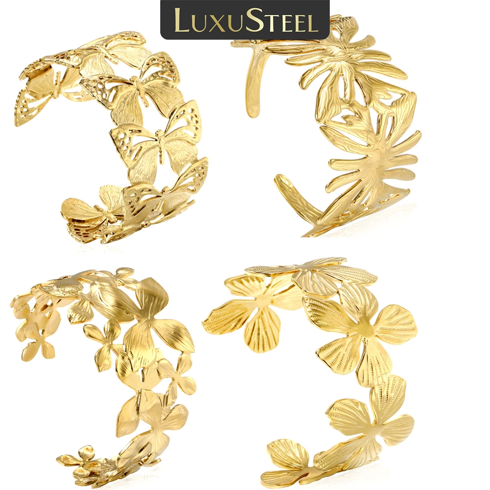 LUXUSTEEL Flower Shape Cuff Bracelets Bangles Women's Stainless Steel 18k Golden Plated No Fade Bangles Casting Aesthetic Couple