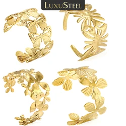 LUXUSTEEL Flower Shape Cuff Bracelets Bangles Women's Stainless Steel 18k Golden Plated No Fade Bangles Casting Aesthetic Couple