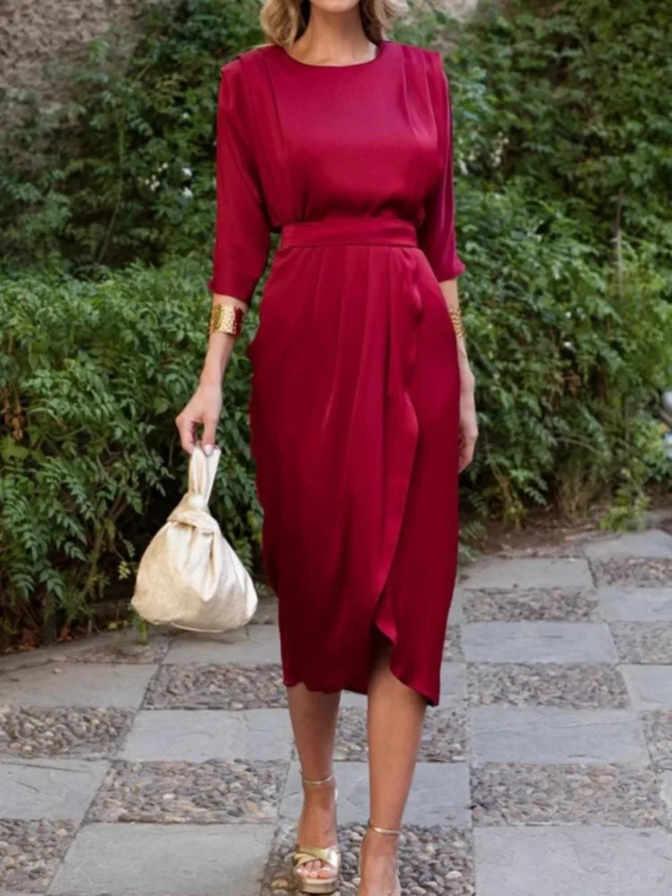 

2025 New Women Round Neck Dress Autumn Loose Mid-Sleeve Solid Color Elegant Casual Vacation Style Dresses Ropa De Mujer Vestidos