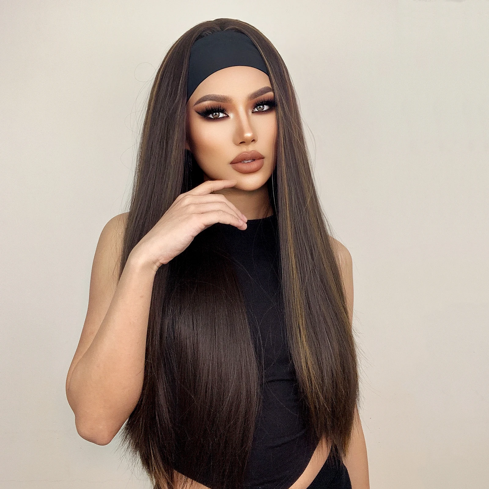 HENRY MARGU Women\'s Headband Wig Synthetic Hair Long Straight Brown Gloden Highlight Glueless Wigs for Black Women Machine Made