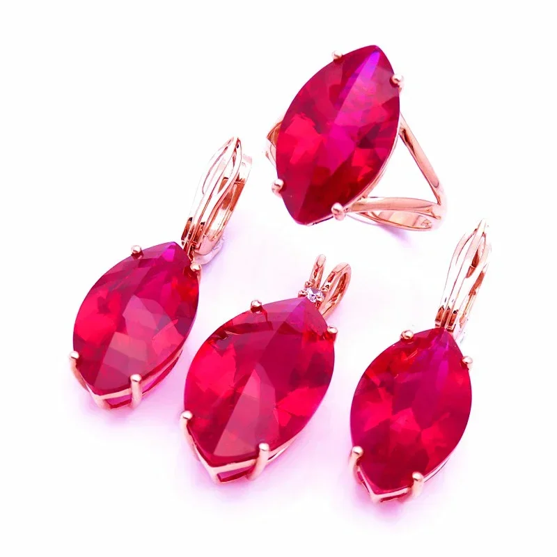 Classic Craftsmanship 585 Purple Gold 14K Rose Gold Inlaid Marquise-shaped Ruby Ladies Jewelry Sets Simple Charm Ring Earrings