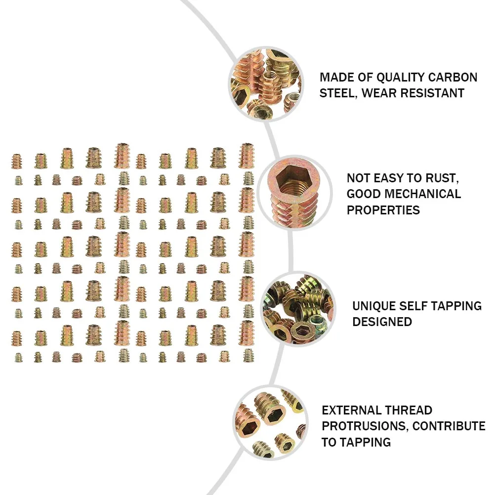 

230pcs Flanged Nuts Wood Inserts Threaded Connector Lock Nut For Furniture Self-Tapping T-Nut Socket Drive Carbon Steel Screw-In